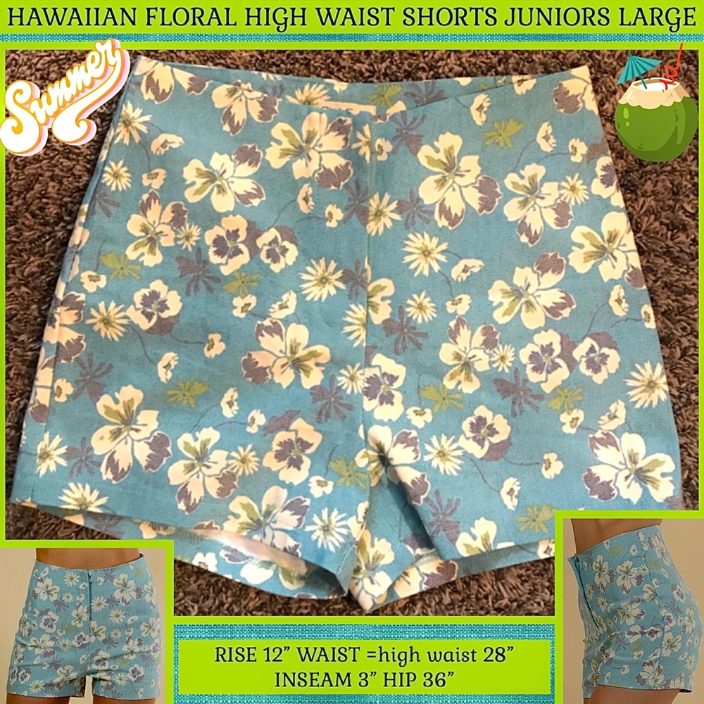 EUC JRS L COTTON Blue Shorts Coastal Hawiian Floral print retro pinup high waist